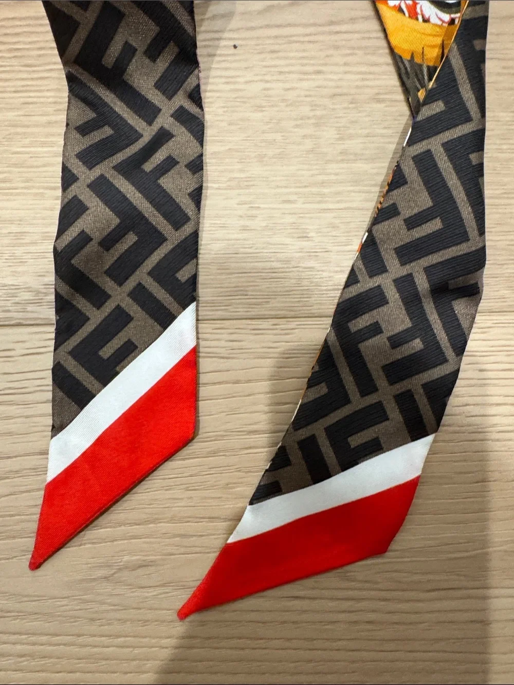 Fendi Brown FF Logo Silk Scarf with Floral & Red Accents